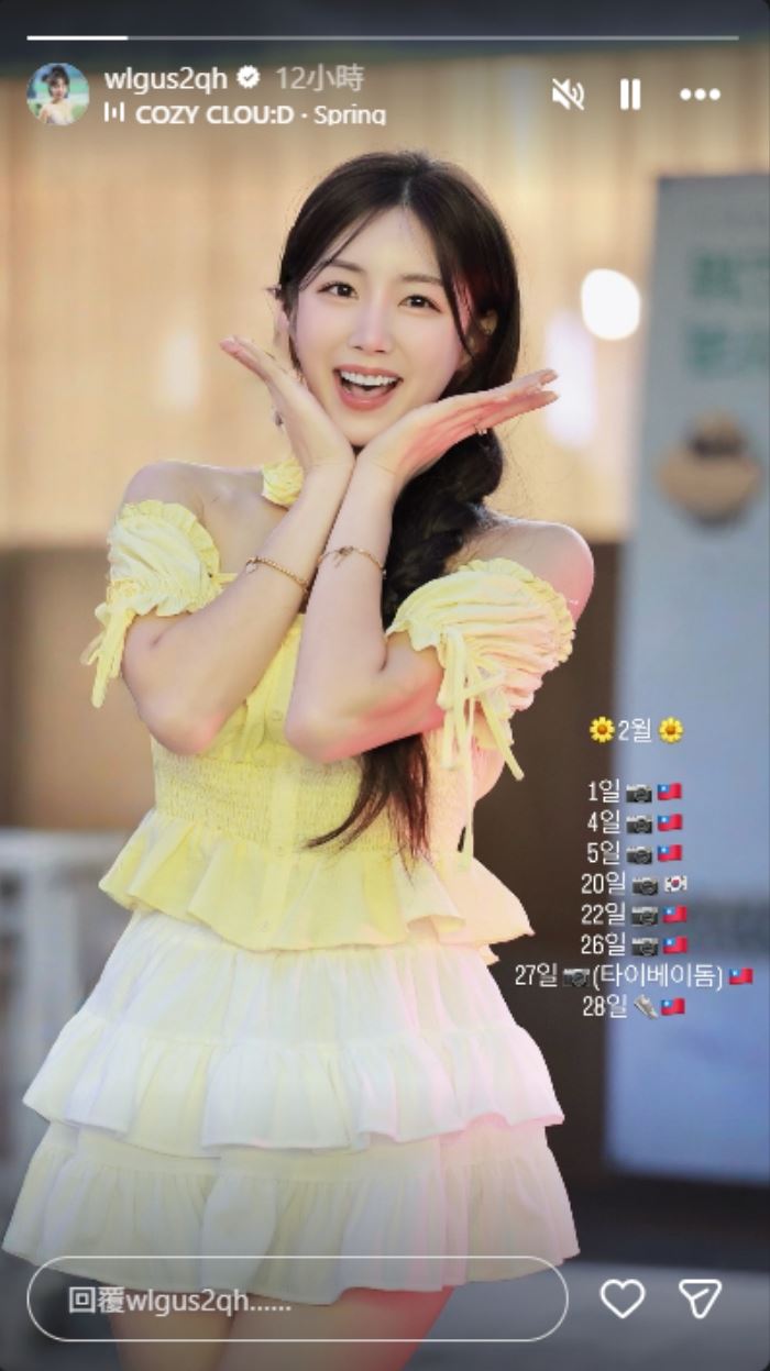 安芝儇曬出2月份所有行程，除了2月20日之外其他活動都在台灣。 （圖／翻攝自IG @wlgus2qh）