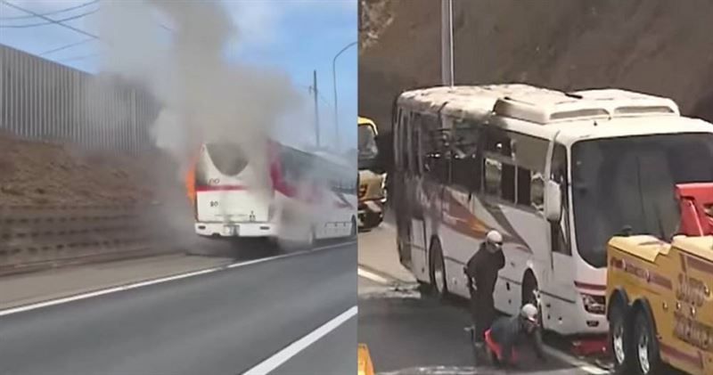 日本東京一輛觀光巴士在高速公路上突然起火，所幸駕駛和40名乘客緊急疏散，無人傷亡。（圖／翻攝自YouTube＠FNNプライムオンライン）