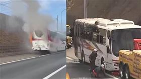 日本東京一輛旅遊巴士在高速公路上突然起火，所幸駕駛和40名乘客緊急疏散，無人傷亡。（圖／翻攝自YouTube／【FNNプライムオンライン】）