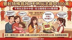 台中傳捷報！一家四口大初一到阿蓮一路發彩券行走春，20歲小女兒不熟玩法請店家代對，投注機竟響起「大獎專屬音樂」，驚喜證實刮中「金馬獎」頭獎300萬元！全家驚喜相擁，直呼財神爺真的來敲門。（AI製圖）