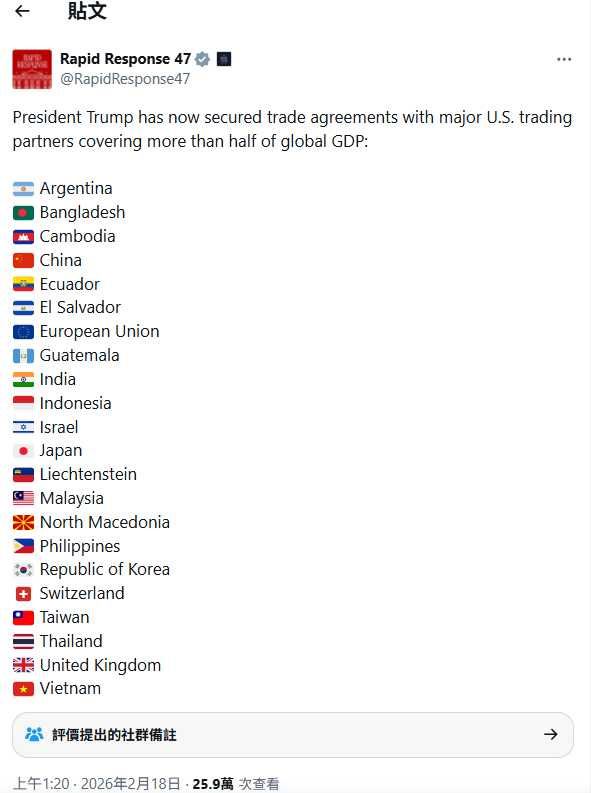 「RapidResponse47」在帳號簡介中明確標示為「白宮官方快速反應帳號」，主打第一時間回應媒體與大眾議題，畫面中，台灣與青天白日滿地紅國旗，與中國及其五星旗同場出現（圖／翻攝自X@RapidResponse47）