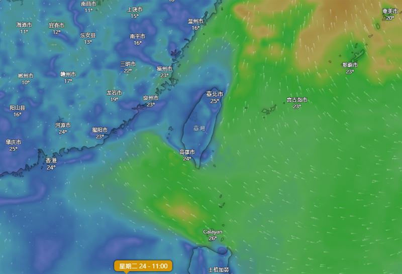 週末假日到下週二最暖熱，各地晴朗。（圖／翻攝自Windy.com）