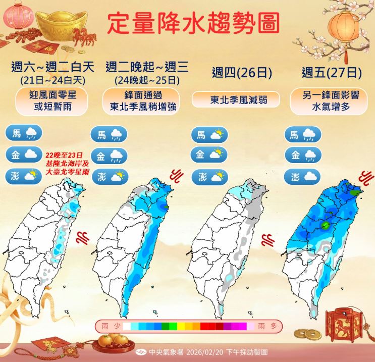 開工日（23日）後，預計有兩波水氣來襲，第二波雨較多，幾乎大半個台灣受影響。（圖／氣象署）