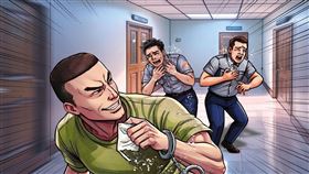 甘兆旭因綁架殺人被判死刑，庭審時向法警撒胡椒粉，趁隙脫逃。（AI繪圖Adobe Firefly生成，本刊美術組後製）