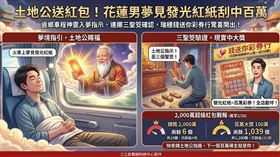 花蓮青年返鄉夢見老人家拿「發光紅紙」招手，下火車後在瑞穗土地公廟連擲3聖筊確認指示。隨後進「錢送你彩券行」一眼挑中牆上刮刮樂，驚喜刮中100萬！目前2,000萬超級紅包剩6個頭獎、1,039個百萬獎，快去請土地公指路！（AI製圖）