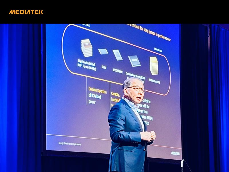 聯發科執行長蔡力行於 ISSCC 演講指出，AI 算力需求遠超摩爾定律，引發「能源戰」。產業必須從晶片走向「機櫃級」優化，透過異質整合與先進封裝，力拚十年內能效提升100倍，方能達成 AI 經濟永續發展。（圖／聯發科提供）