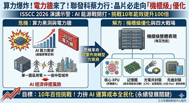 聯發科執行長蔡力行於 ISSCC 演講指出，AI 算力需求遠超摩爾定律，引發「能源戰」。產業必須從晶片走向「機櫃級」優化，透過異質整合與先進封裝，力拚十年內能效提升100倍，方能達成 AI 經濟永續發展。（AI製圖）