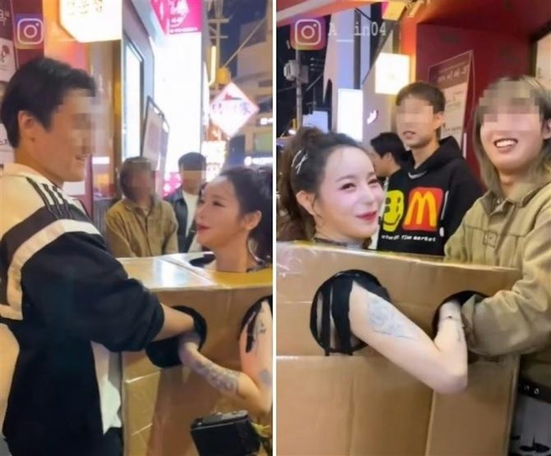 年僅20多歲的Ain首次登上社會版面，是在2023年10月，她身穿僅能遮蔽軀幹的紙箱，以全裸之姿現身首爾江南區狎鷗亭與弘大商圈。（圖／翻攝IG)