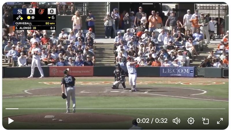 阿隆索（Pete Alonso）轉戰金鶯熱身賽首戰就開轟。（圖／翻攝自MLB X）