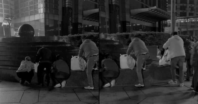 有不少民眾在台北101風水池旁裝水,台北101董事長賈永婕現身說明勸退。(圖經變色處理/翻攝自Threads/carinelee3oo)