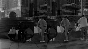 有不少民眾在台北101風水池旁裝水，台北101董事長賈永婕現身說明勸退。（圖經變色處理／翻攝自Threads／carinelee3oo）