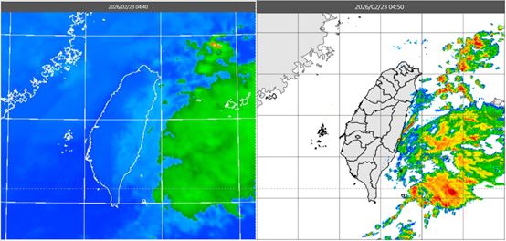 今晨4:40紅外線色調強化雲圖顯示，臺灣陸地晴朗、東側海上雲層較多(左)。4:50雷達回波合成圖顯示，雲層伴隨降水回波(右)