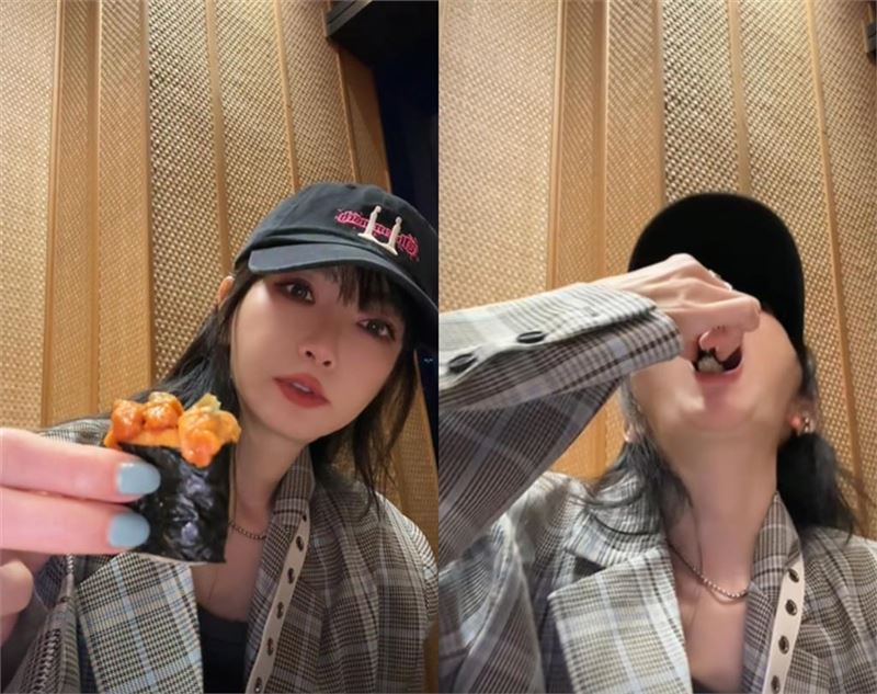 謝金燕大口吃海膽壽司，豪邁吃播畫面曝光。（圖／翻攝自JeannieHsieh謝金燕___bbb臉書）