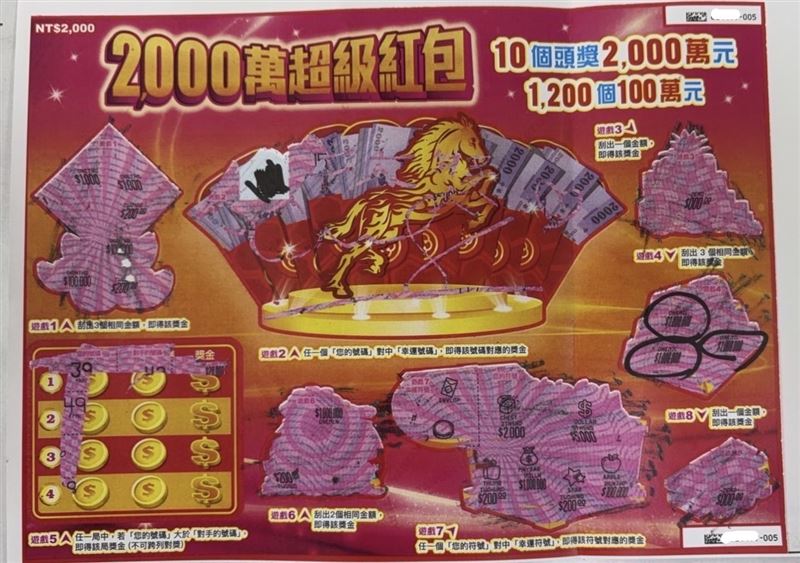 一對身穿紅衣的父女鎖定尾數5號的「2,000 萬超級紅包」刮刮樂，正當女童低頭刮獎時，隔壁柴犬突然狂吠三聲。父親接手刮完後，驚喜發現真的刮中100萬元，全場笑稱該柴犬簡直是財神派來的最強「招財狗」！（圖／台灣彩券提供）