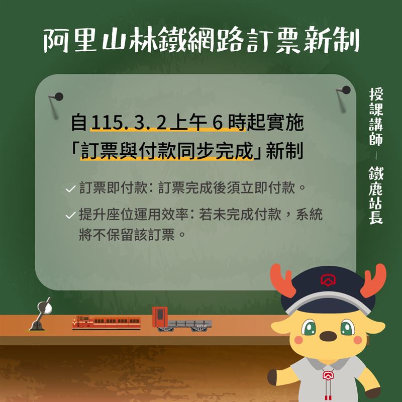 未來訂購阿里山林鐵的票須立即付款，否則不保留座位。（圖／翻攝自阿里山林業鐵路及文化資產管理處）