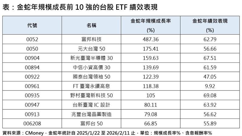 金蛇年規模成長前10強的台股ETF績效表現。（圖／CMoney）