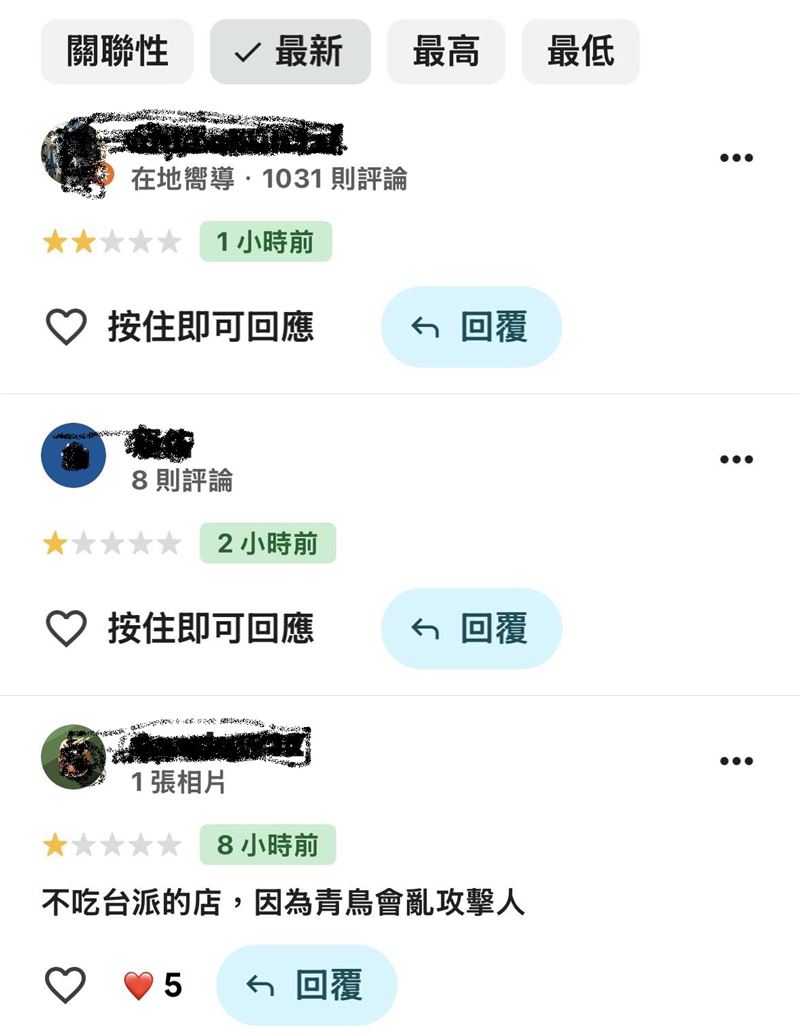 甜在心咖啡館粉專近日發文曬出一張1星、2星低分評價的網頁截圖，其中一則評論稱「不吃台派的店，因為青鳥會亂攻擊人」。（圖／翻攝自甜在心咖啡館臉書）