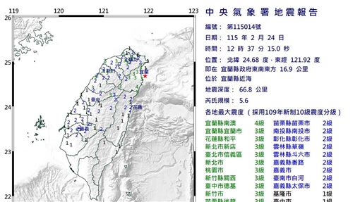新／12：37宜蘭規模5.6地震　17縣市有感