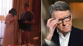 前英國駐美大使曼德森涉及向艾普斯坦洩密而遭逮捕。左側的美國司法部公布的艾普斯坦檔案照片，可見曼德森只著上衣和內褲，旁邊站著一名女子。（圖／翻攝自X平台 @TheEpsteinFiles）