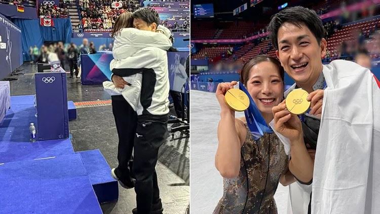 日本雙人花式滑冰選手三浦璃來（左）與木原龍一（右）16日在米蘭冬奧雙人花式滑冰賽事奪下金牌。翻攝自三浦璃來X