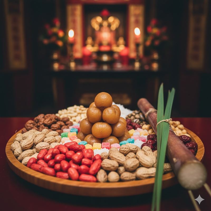 準備桂圓、甘蔗等「開運七寶」祭拜，貴人相助、事業高升。（圖／ai製作）