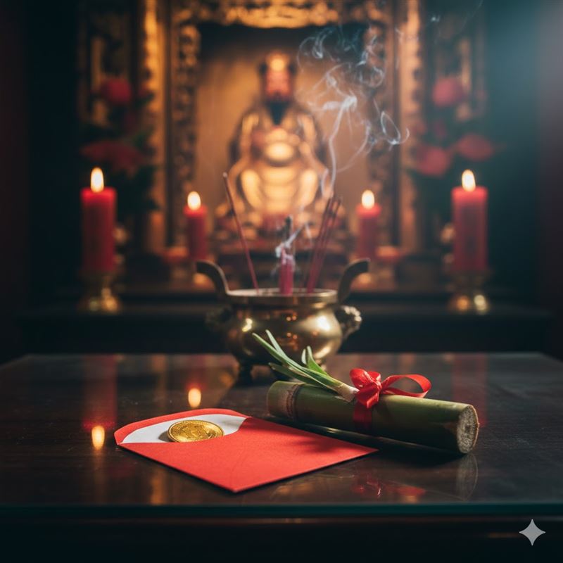 帶葉甘蔗象徵節節高升，一元硬幣的紅包寓意一元復始。（圖／ai製作）