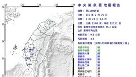 25日晚間凌晨1點23分，發生芮氏規模4.3有感地震。（圖／中央氣象署）