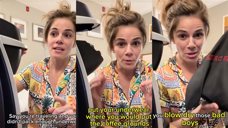 國外網紅伍德考斯（Tara Woodcox）教「飯店咖啡機洗內褲」。（圖／翻攝自TikTok @tarawoodcox11）