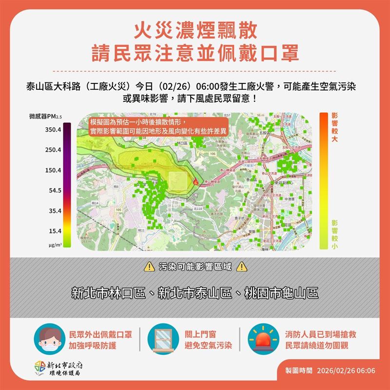 煙霧及部分異味可能往下風處飄散，預估影響範圍包括新北市林口區、泰山區、桃園市龜山區。（圖／翻攝自新北i環保臉書）