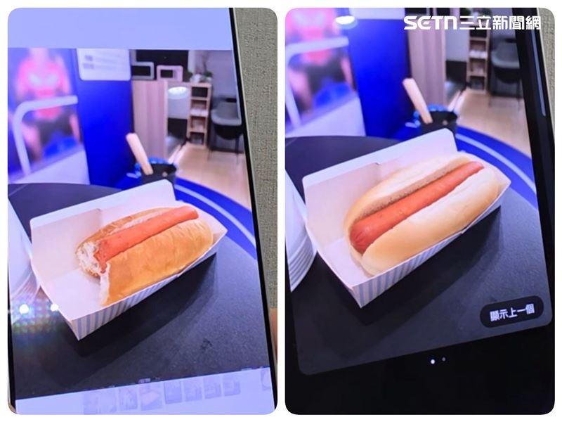 以熱狗畫面示範AI影像處理與修圖功能，強調食物紋理、亮部控制與整體畫面清晰度提升。（圖／記者李宜樺攝影）