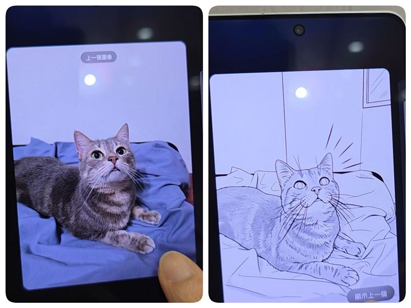 三星S26現場示範AI影像功能，一鍵將貓咪照片轉為漫畫線稿風格，強調生成式創作與個人化內容更容易上手。（圖／記者李宜樺攝影