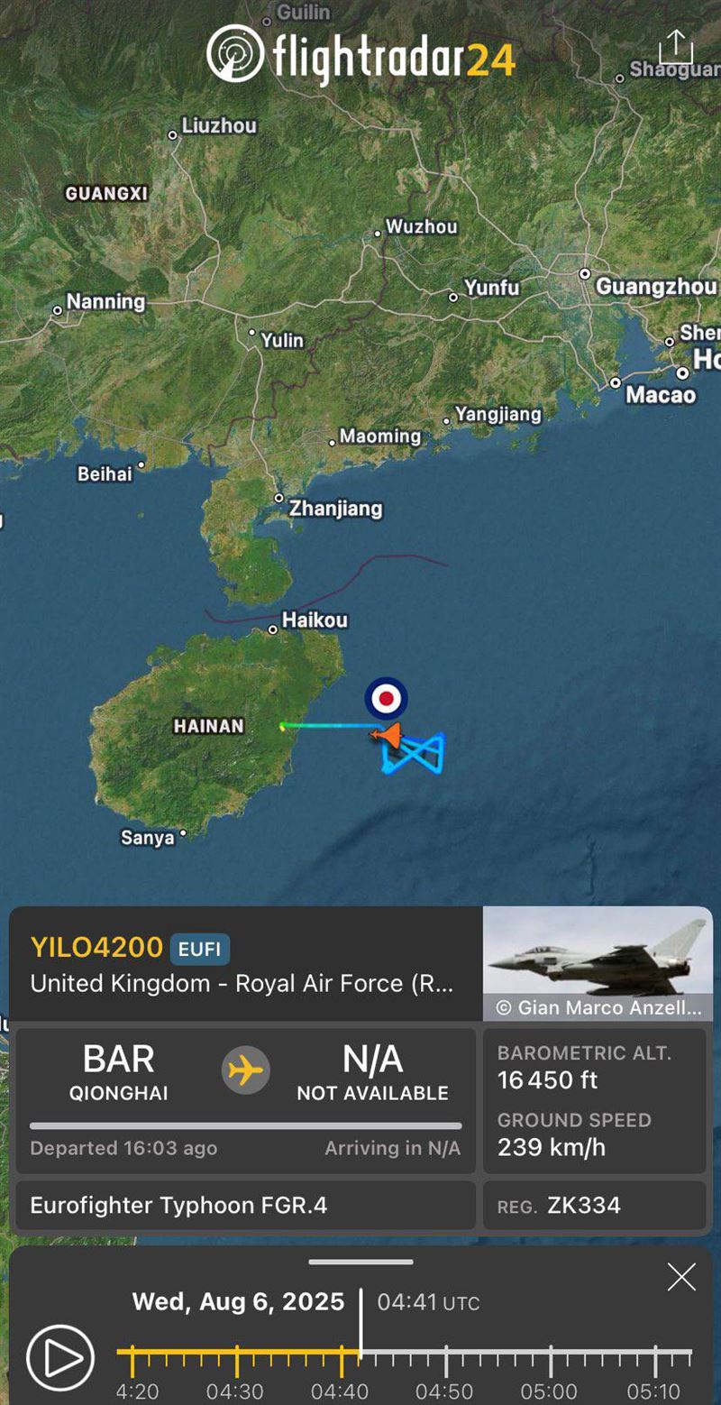 中國無人機以漏斗路徑在南海飛行，還假傳代碼，偽裝成英國空軍的颱風戰鬥機。（圖／翻攝自軍事迷臉書）