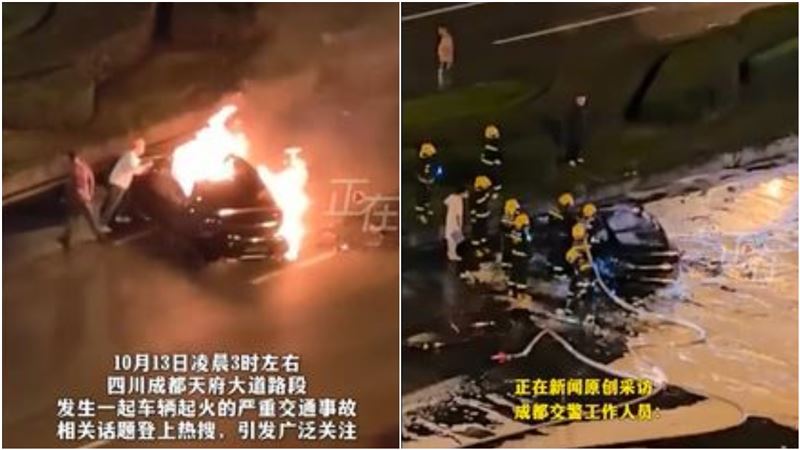 中國四川去年10月發生一起嚴重車禍，小米SU7電動車途中疑似超速失控，撞上中央分隔島後翻滾並起火燃燒，但路人上前救援發現車門打不開，車主慘遭活活燒死。（圖／翻攝自微博）