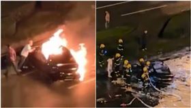 中國四川去年10月發生一起嚴重車禍，小米SU7電動車途中疑似超速失控，撞上中央分隔島後翻滾並起火燃燒，但路人上前救援發現車門打不開，車主慘遭活活燒死。（圖／翻攝自微博）