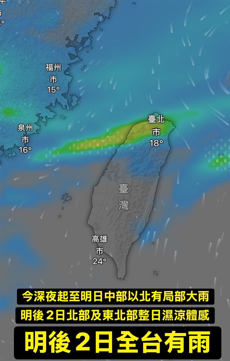 明後2日整日偏濕涼,下週一有一波鋒面通過,全台降雨機率偏高,下週二全台有雨,白天起將會有波較強冷空氣南下,各地氣溫下降。(圖/翻攝自氣象報馬仔 臉書)