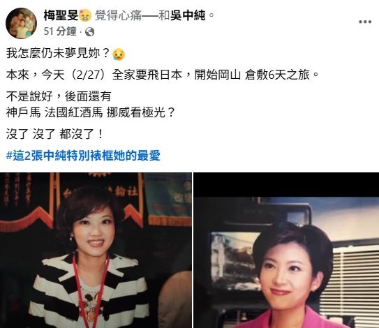 吳中純老公梅聖旻發文悲吐心聲。（圖／翻攝自臉書）