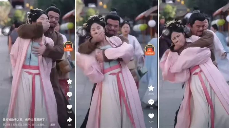 《重回被換子之前，侯府主母贏麻了》男演員疑似片中趁機襲胸女演員。（組合圖／翻攝自小紅書）