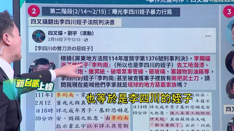 判決書指出,李四川的姪子去工地放鞭炮、撒冥紙、破壞泵車管線,車上還被查獲兩把武士刀,惡行罄竹難書。(圖/新台派上線)