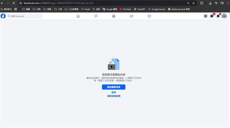 社群熄燈?陳佩琪臉書帳號驚傳「人間蒸發」,Google 搜尋僅剩空白頁。(圖/翻攝陳佩琪臉書)