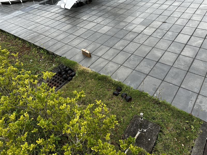 疑似飛機模型輪子滾到旁邊草叢。(圖/記者彭光偉攝)