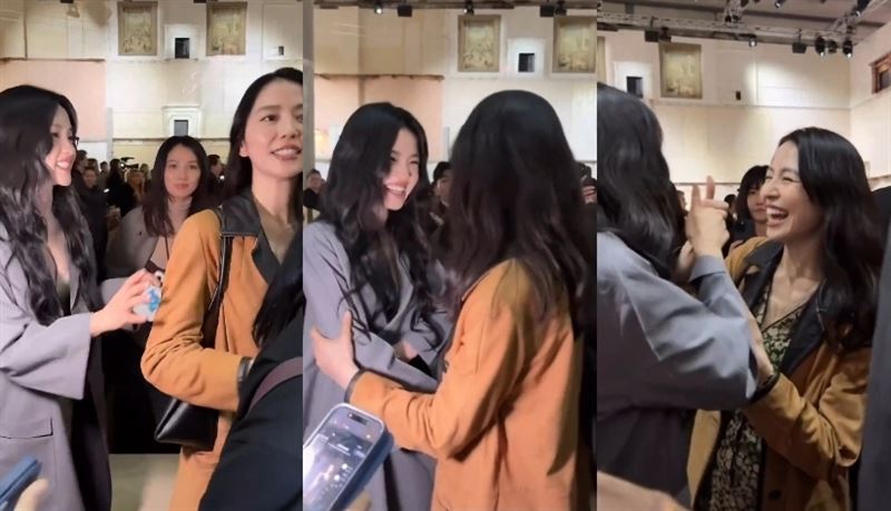 長澤雅美與韓星金泰梨並肩而坐,兩人笑開懷相見歡。(組合圖/翻攝自threads)