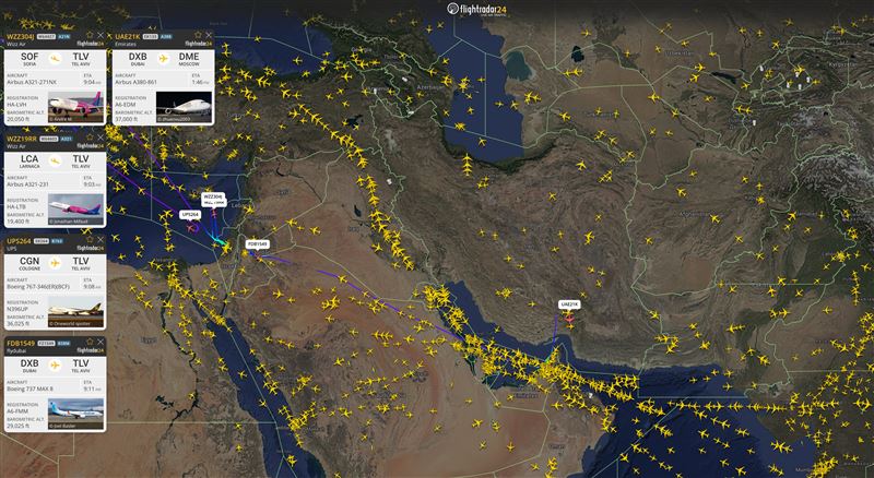 隨著以色列突然開轟伊朗，以色列和伊朗都宣布關閉領空。（圖／翻攝自X平台 @flightradar24）