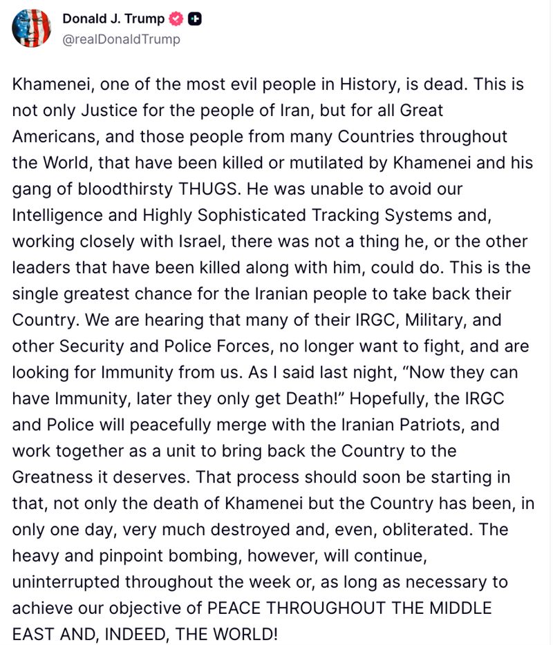 川普發文證實「哈米尼已經死亡」。（圖／翻攝自川普Truth Social）