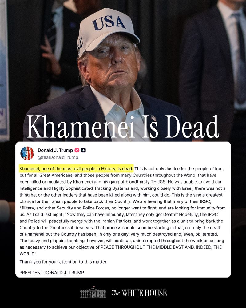 美國總統川普發文表示，伊朗最高領袖哈米尼（Ali Khamenei）已死，這是伊朗人民奪回自己國家唯一且大好的機會。（圖／翻攝自川普臉書）