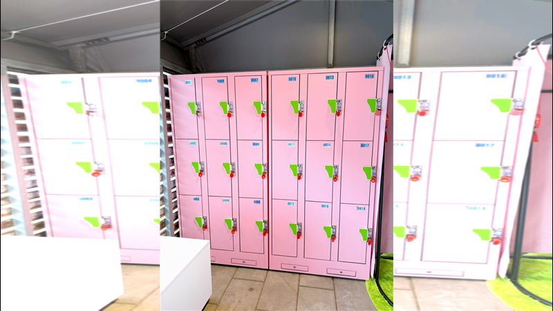 花博MAJI匹克庭園內的粉紅色置物櫃。（圖／記者倪芝蓉攝影）