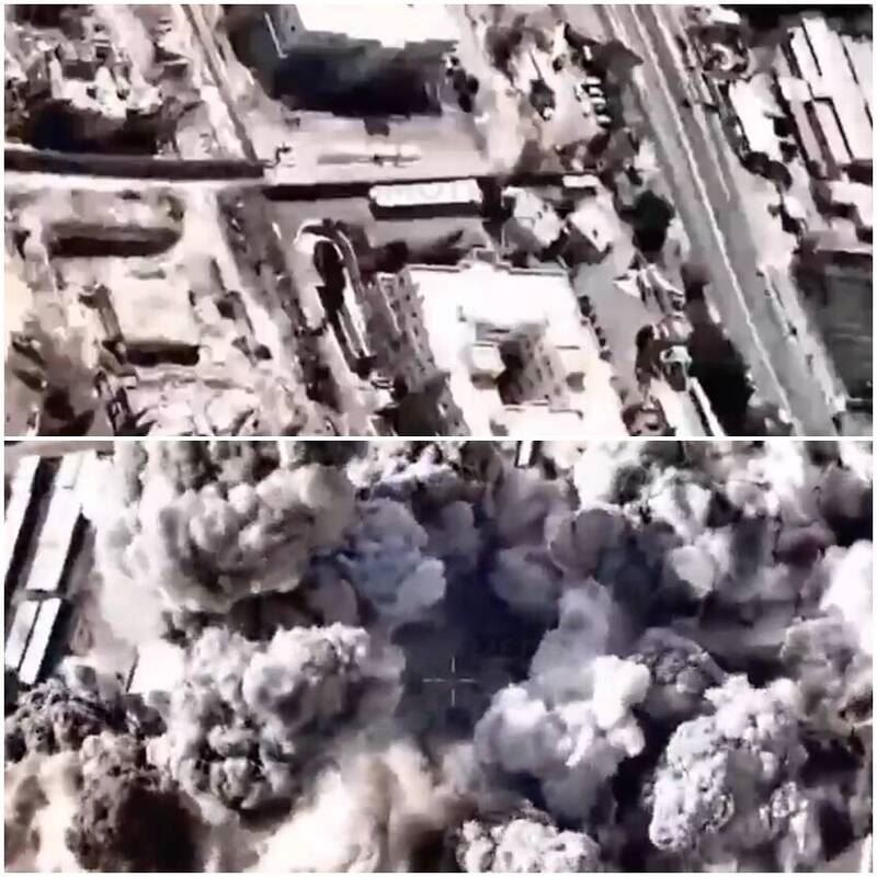 以色列軍方公布空襲德黑蘭一處政府總部建築群的驚人空拍畫面，疑似哈米尼生前和幕僚開會的藏身處。（圖翻攝自X:NEXTA）