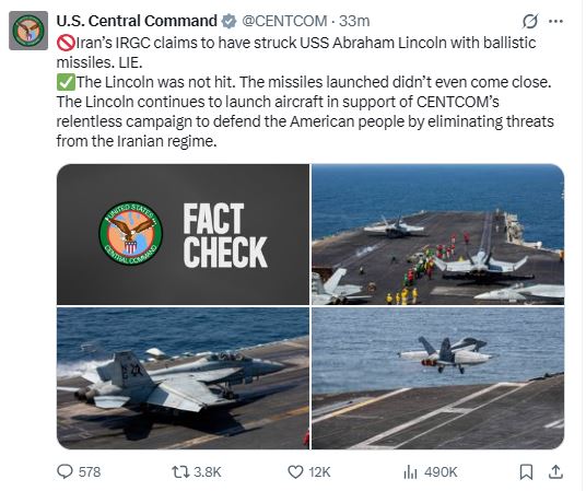 美軍中央司令部（CENTCOM）駁斥伊朗的聲明，強調伊朗飛彈沒有擊中林肯號。（圖／翻攝自X平台）