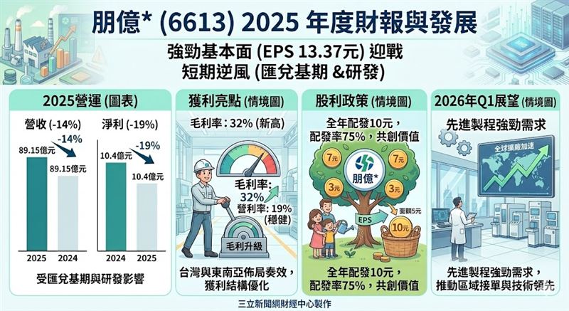 身為「AI基建四小福」的朋億*(6613)去年賺逾一股本,EPS達13.37元!董事會決議大方配發10元現金股利,配發率高達75%。受惠半導體擴廠與東南亞佈局,今年營運續旺。(AI製圖)