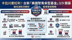 川普 MAGA 政策發威！台新投信 3/9 開募「美國聚焦傘型基金」，包含 00989B 非投等債與首檔美消費指數基金。鎖定減稅紅利與降息買點，助投資人全方位搶占美國機會財！（AI製圖）
