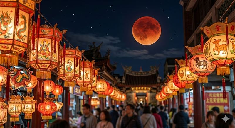 丙午馬年元宵遇上月全食，形成紅月伴花燈的罕見景象。（圖／ai製作）